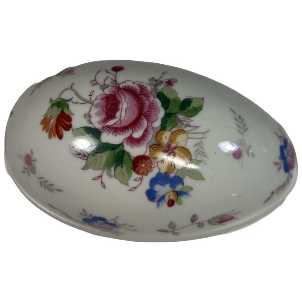 Vintage Porcelain Egg Shaped Trinket Box Candy Dish Floral Gold Trim - Picture 7 of 11